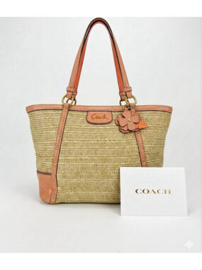 Coach F21959 Alexandra Python Straw Tote Bag Beige and Coral